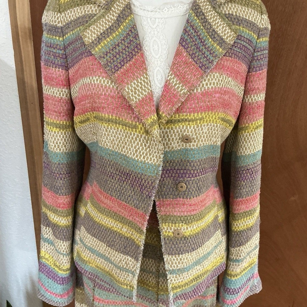 Akris Linen Blend Pastel Stripe 2 pc Suit Jacket Skirt Classic Chic Swiss Artsy - Picture 5 of 16